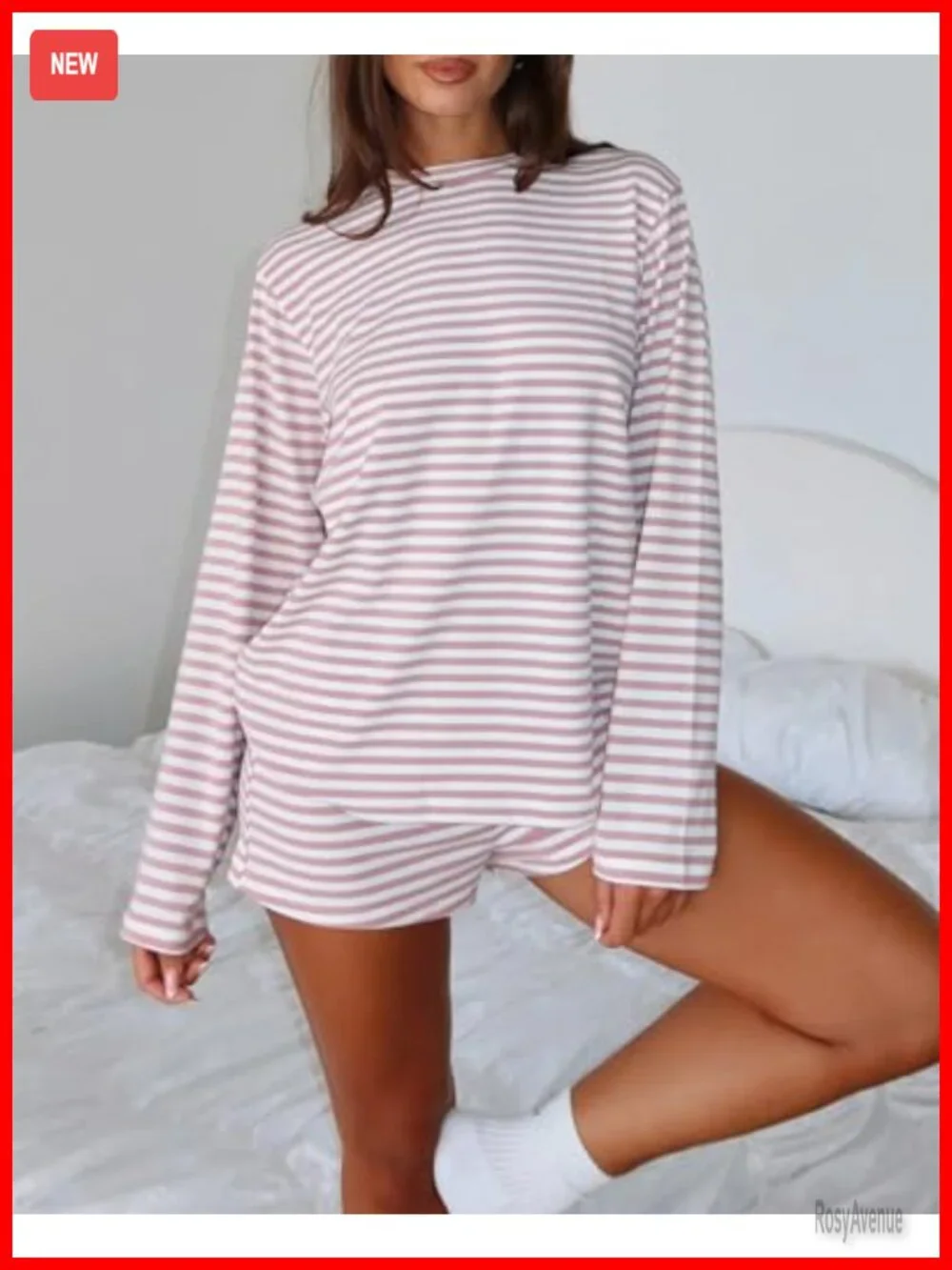 Women's Striped Pajama Set Long Sleeve Crewneck Top & Shorts Lounge Set